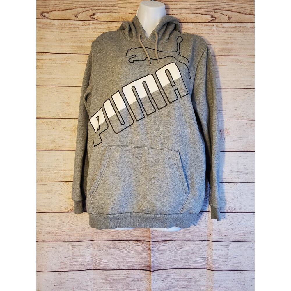 Puma Hoodie M Gray Big Logo Pullover Hooded Sweatshirt Graphic Print Women's